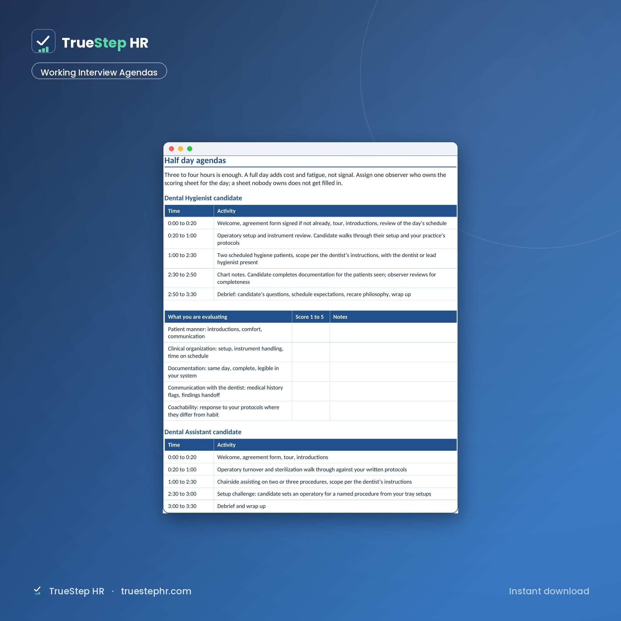 Working interview half day agendas for dental candidates