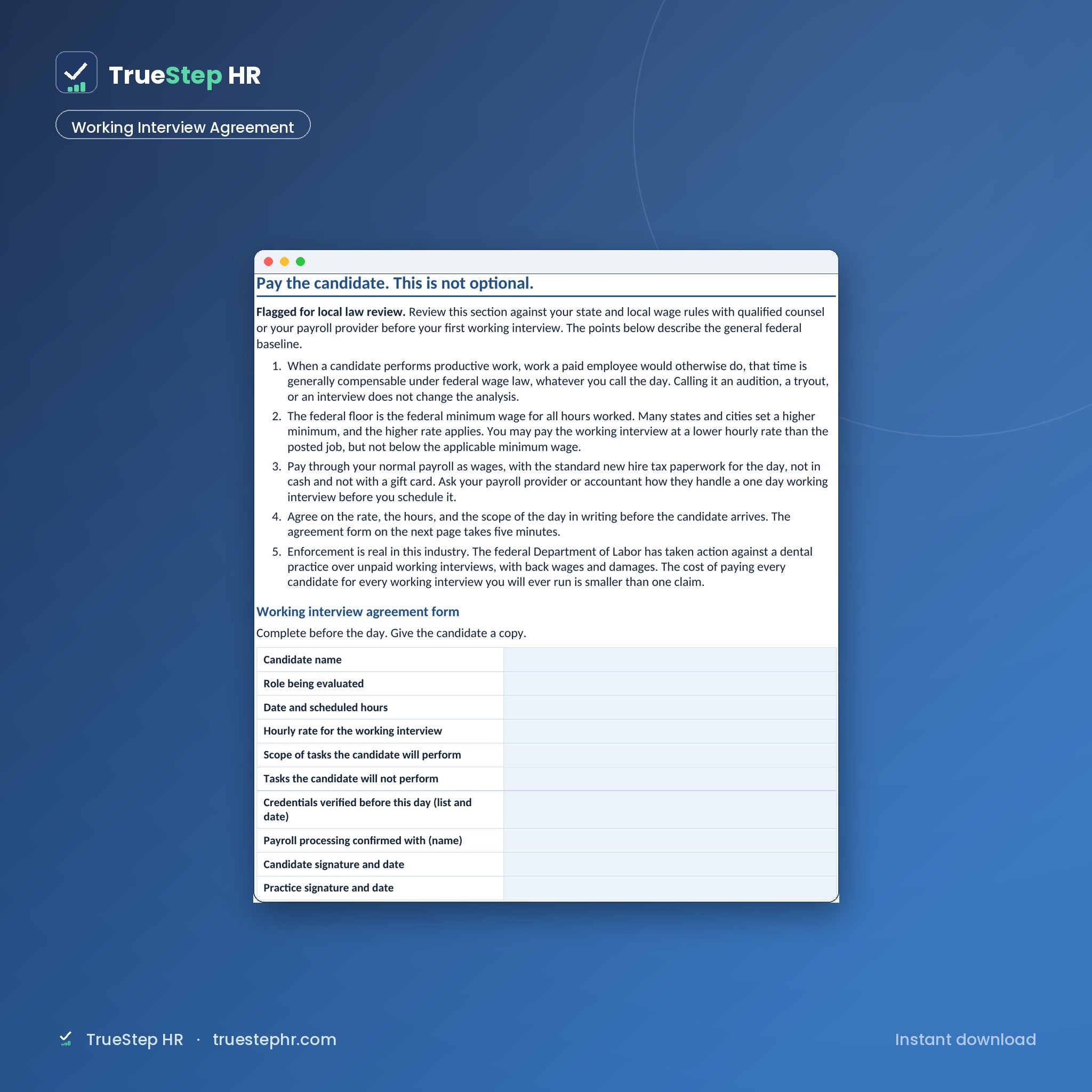 Working interview agreement form