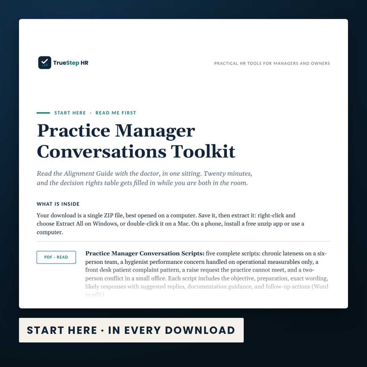 Practice Manager Conversations Toolkit — the Start Here guide from the download, listing every file and the order to use them.