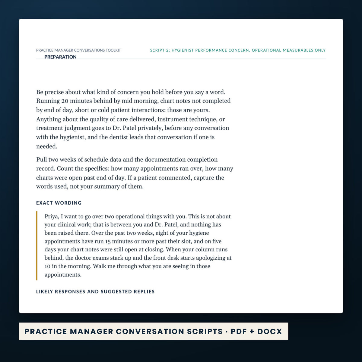 Practice Manager Conversations Toolkit — a page from Practice Manager Conversation Scripts, one of the files in this download.
