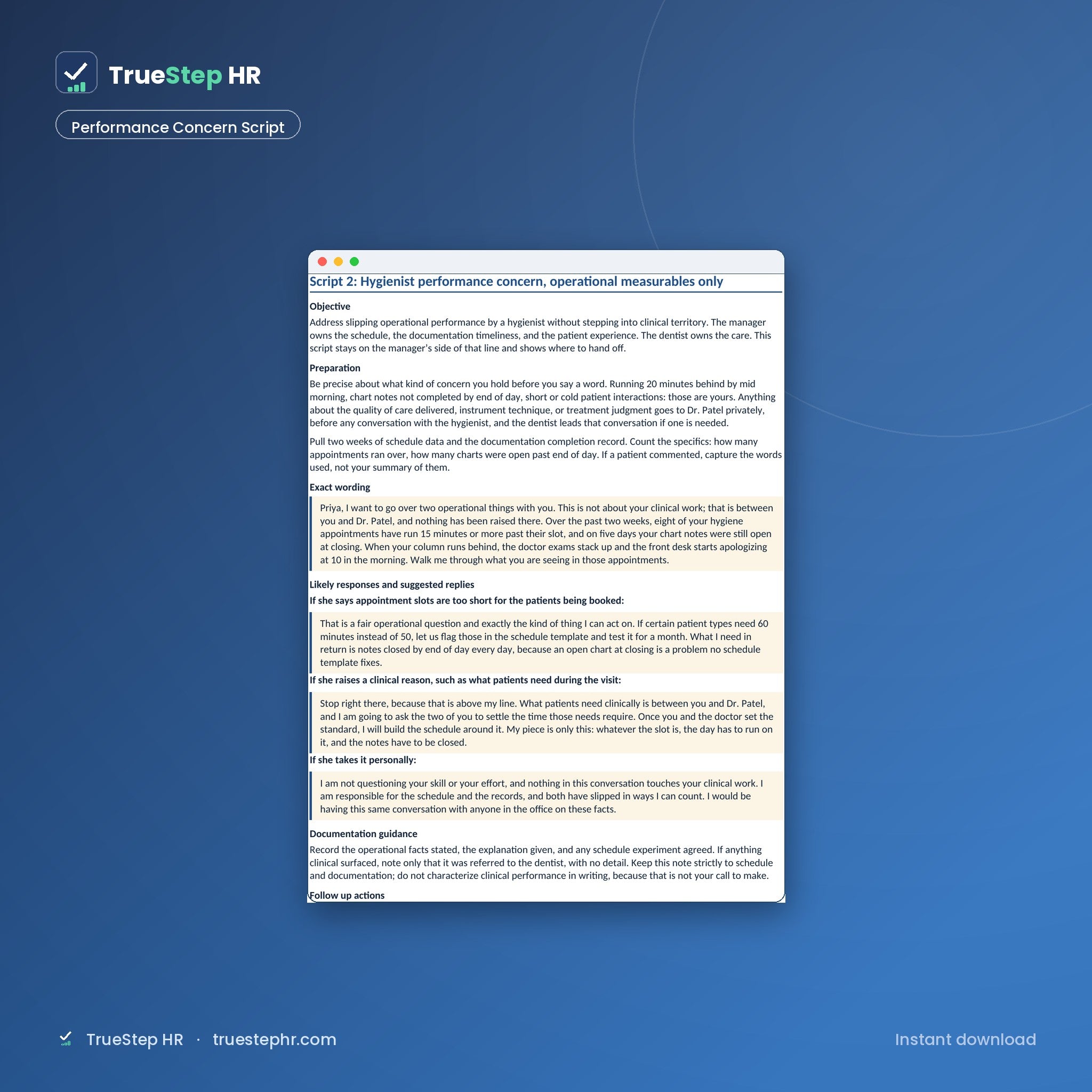 Practice manager script, performance concern conversation