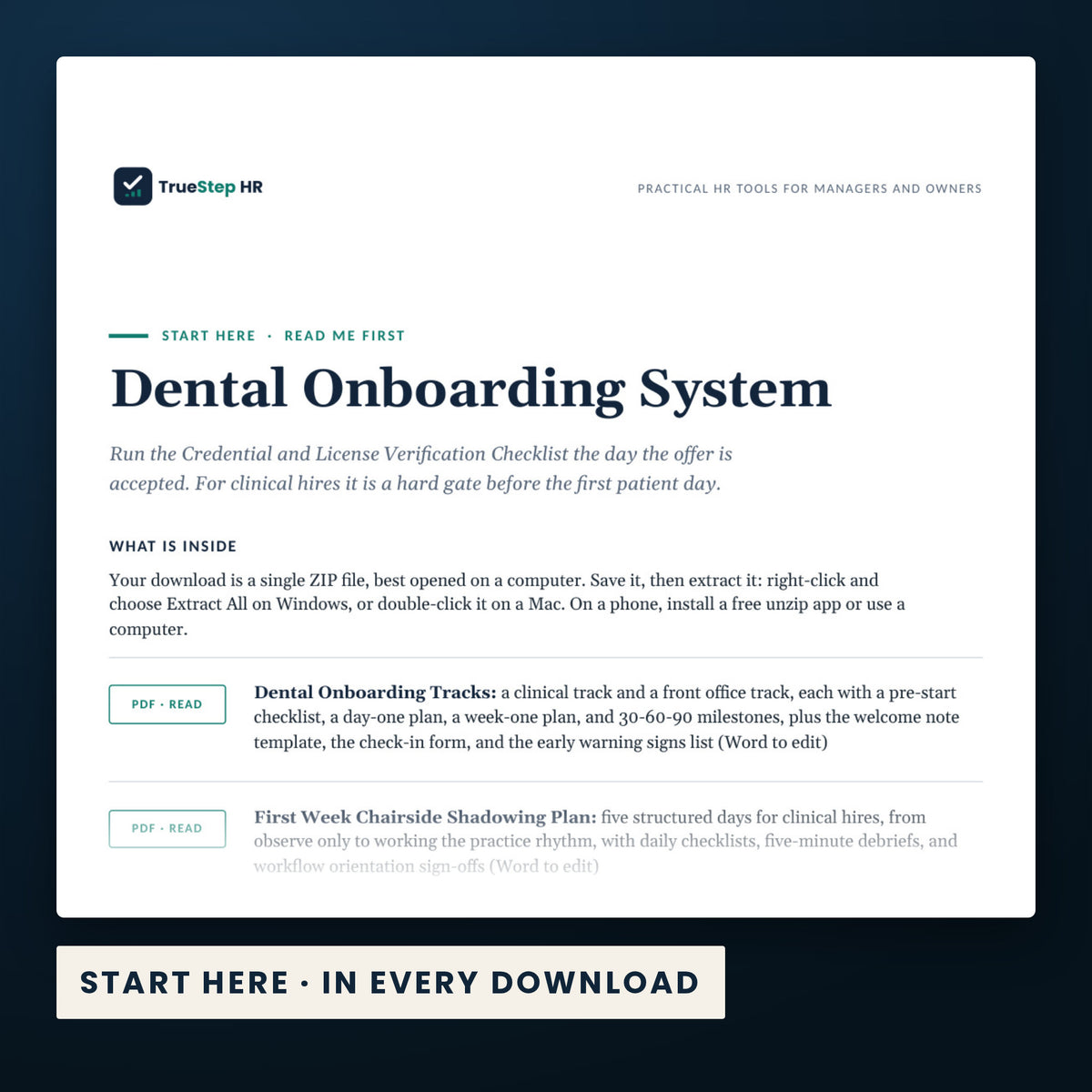 Dental Onboarding System — the Start Here guide from the download, listing every file and the order to use them.