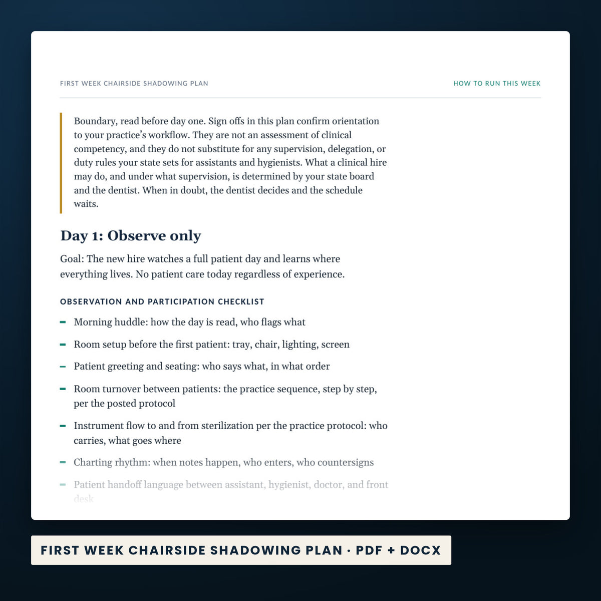 Dental Onboarding System — a page from First Week Chairside Shadowing Plan, one of the files in this download.