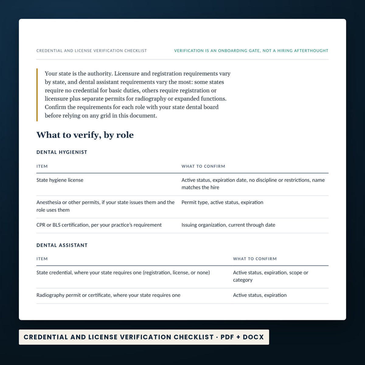 Dental Onboarding System — a page from Credential and License Verification Checklist, one of the files in this download.