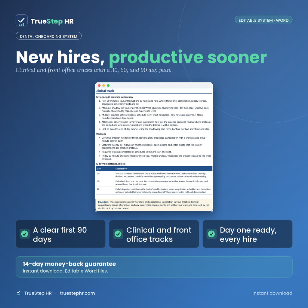 Dental Onboarding System: clinical and front office tracks with a 30, 60, and 90 day plan