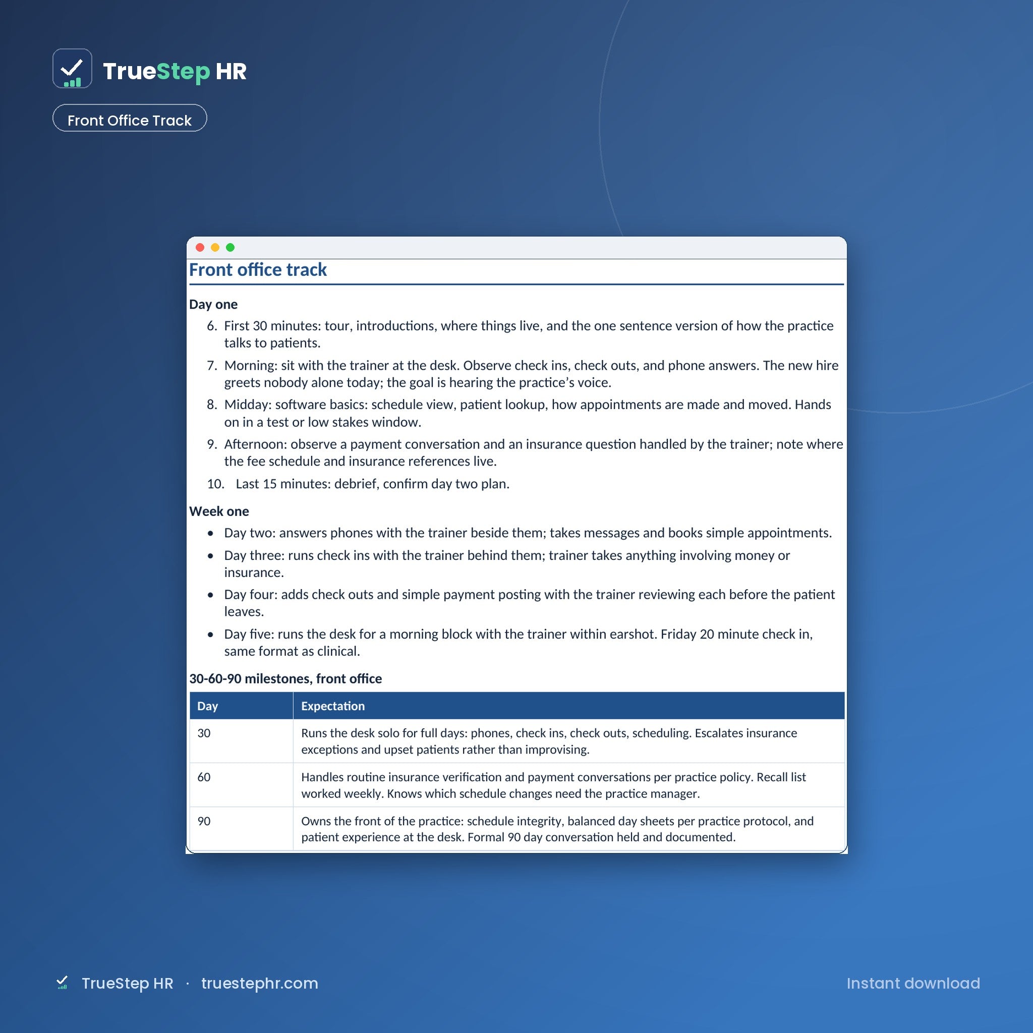 Dental onboarding front office track