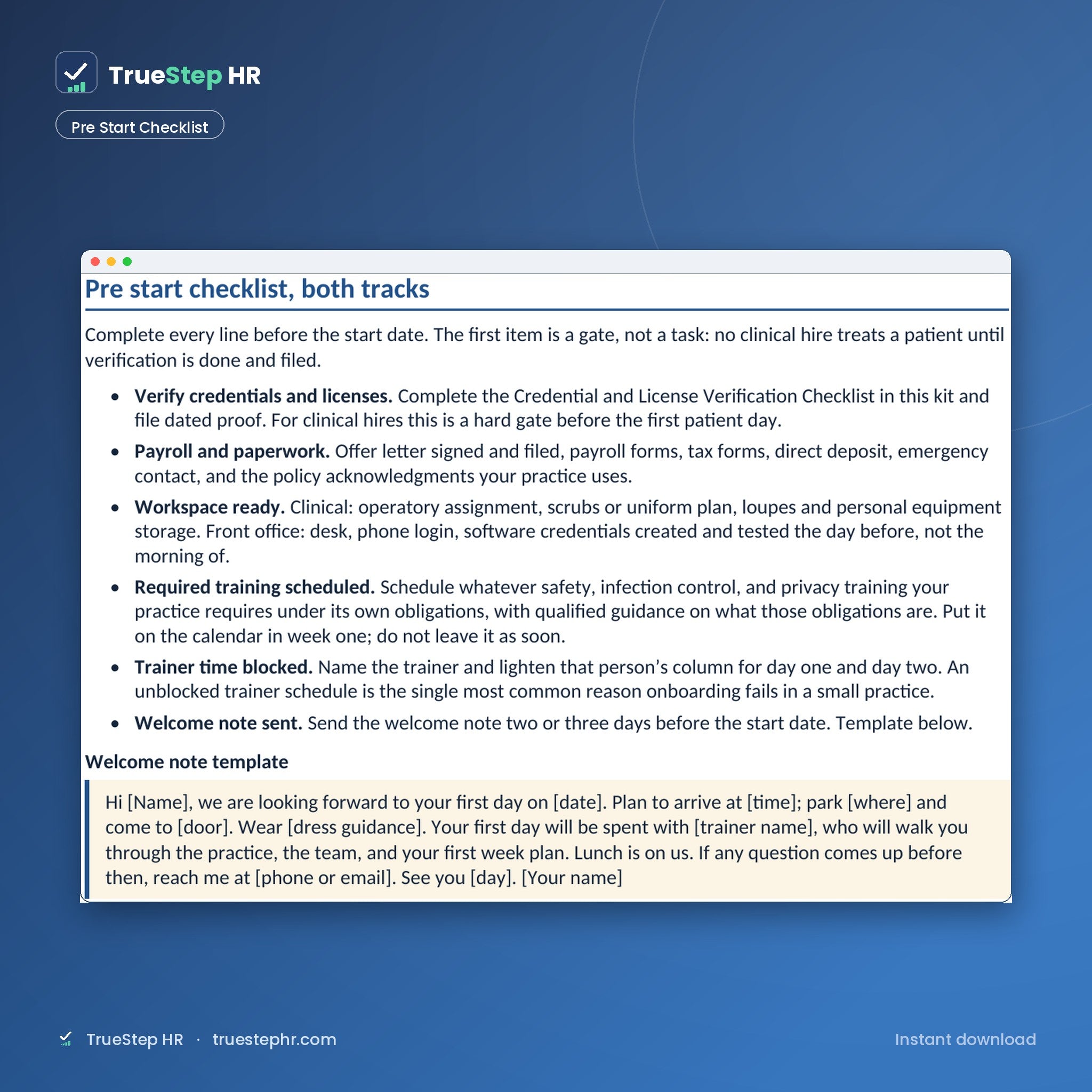 Dental onboarding pre start checklist