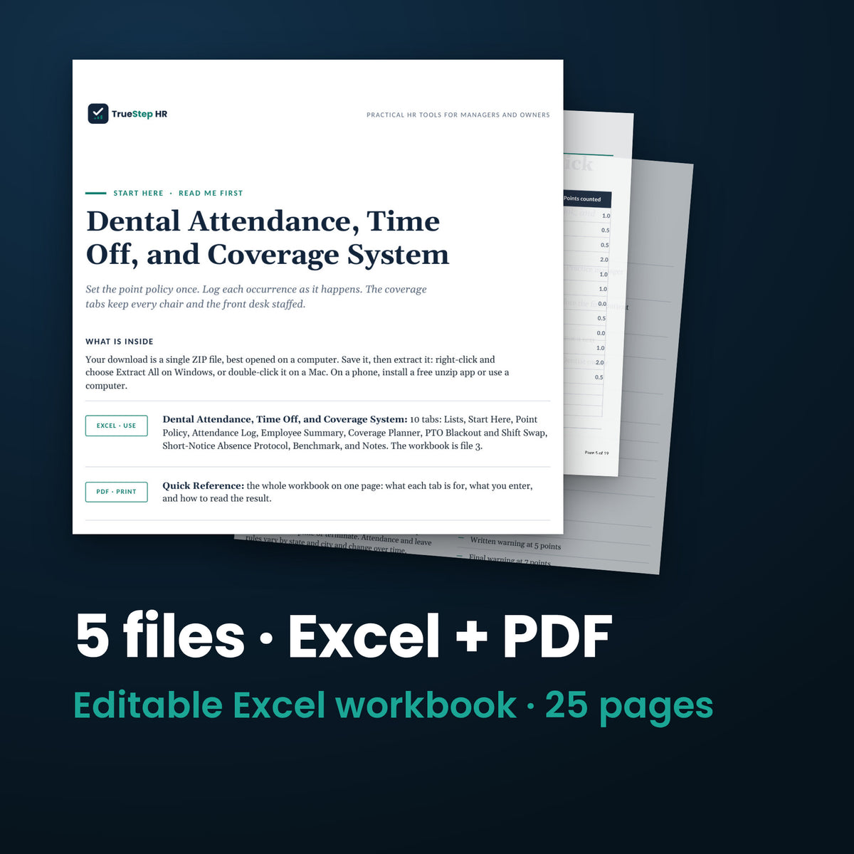 Dental Attendance, Time Off, and Coverage System — the 5 files in this download shown as a stack of real pages: Excel + PDF, 25 pages in all.