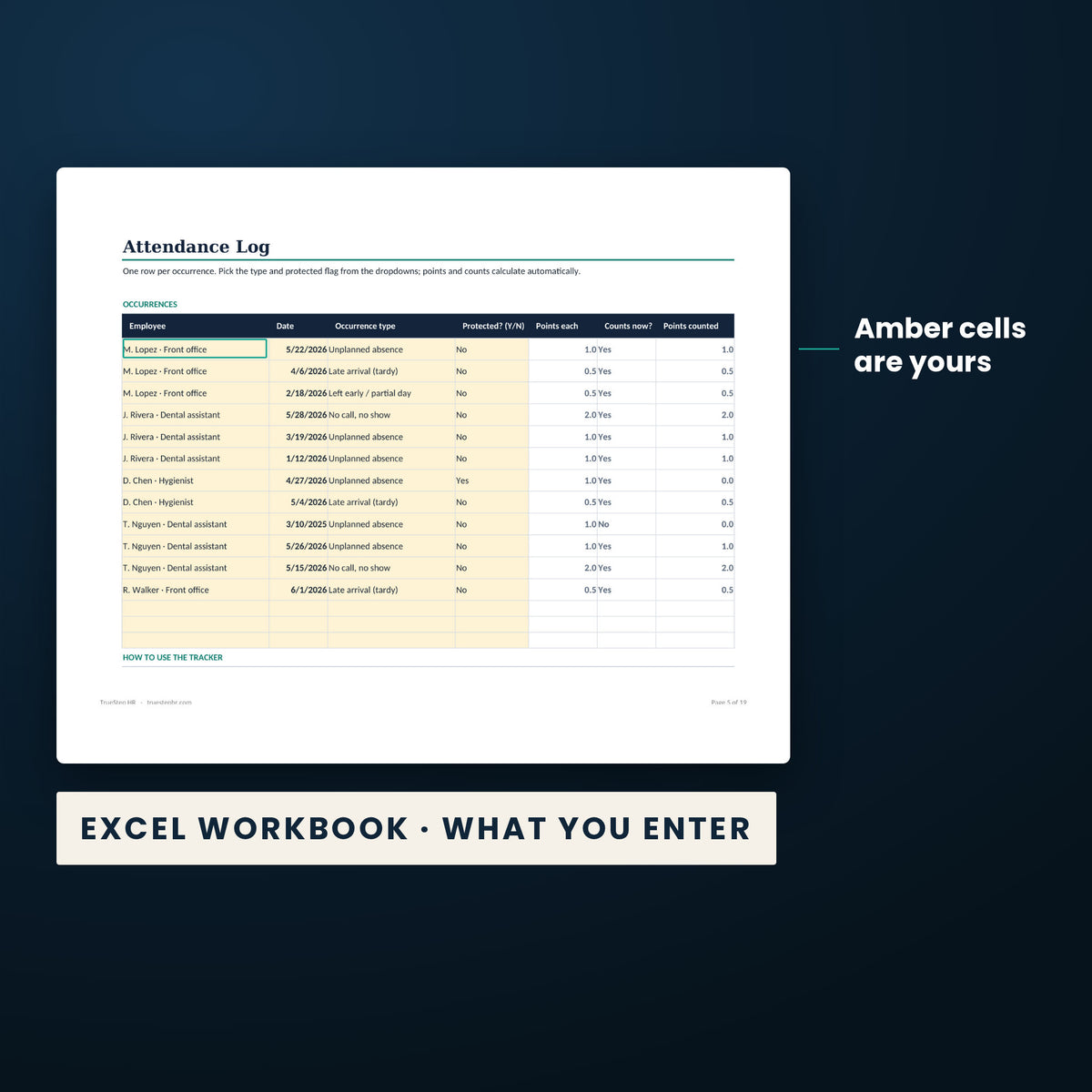 Dental Attendance, Time Off, and Coverage System — the Excel workbook with the amber cells you fill in marked; the white cells calculate.