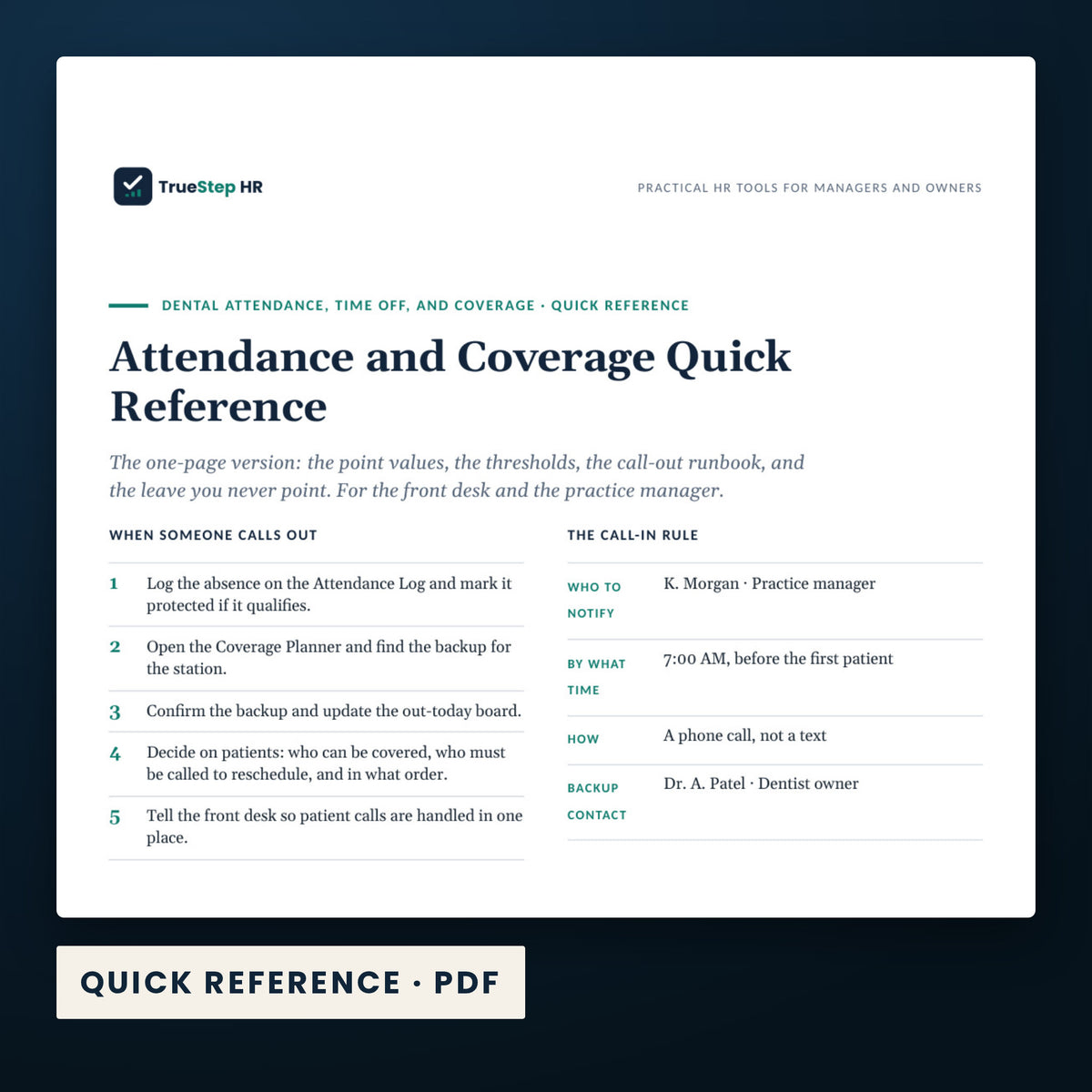 Dental Attendance, Time Off, and Coverage System — a page from Quick Reference, one of the files in this download.