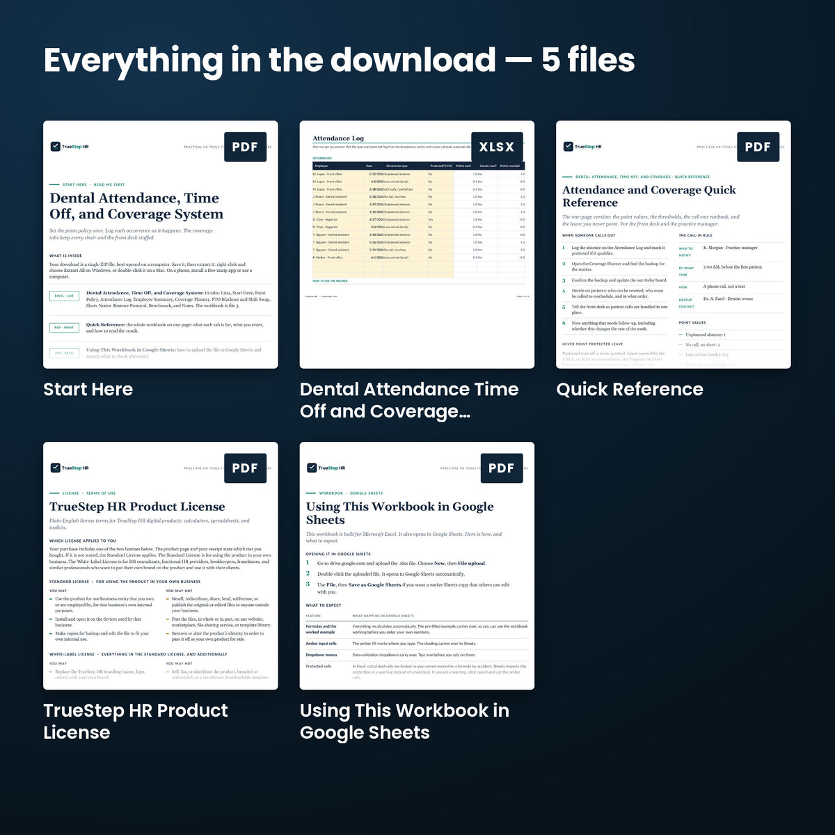 Dental Attendance, Time Off, and Coverage System — every file in the download side by side: Start Here, Quick Reference, Dental Attendance Time Off and Coverage Workbook, and more.