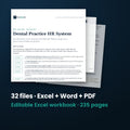 Dental Practice HR System — the 32 files in this download shown as a stack of real pages: Excel + Word + PDF, 235 pages in all.