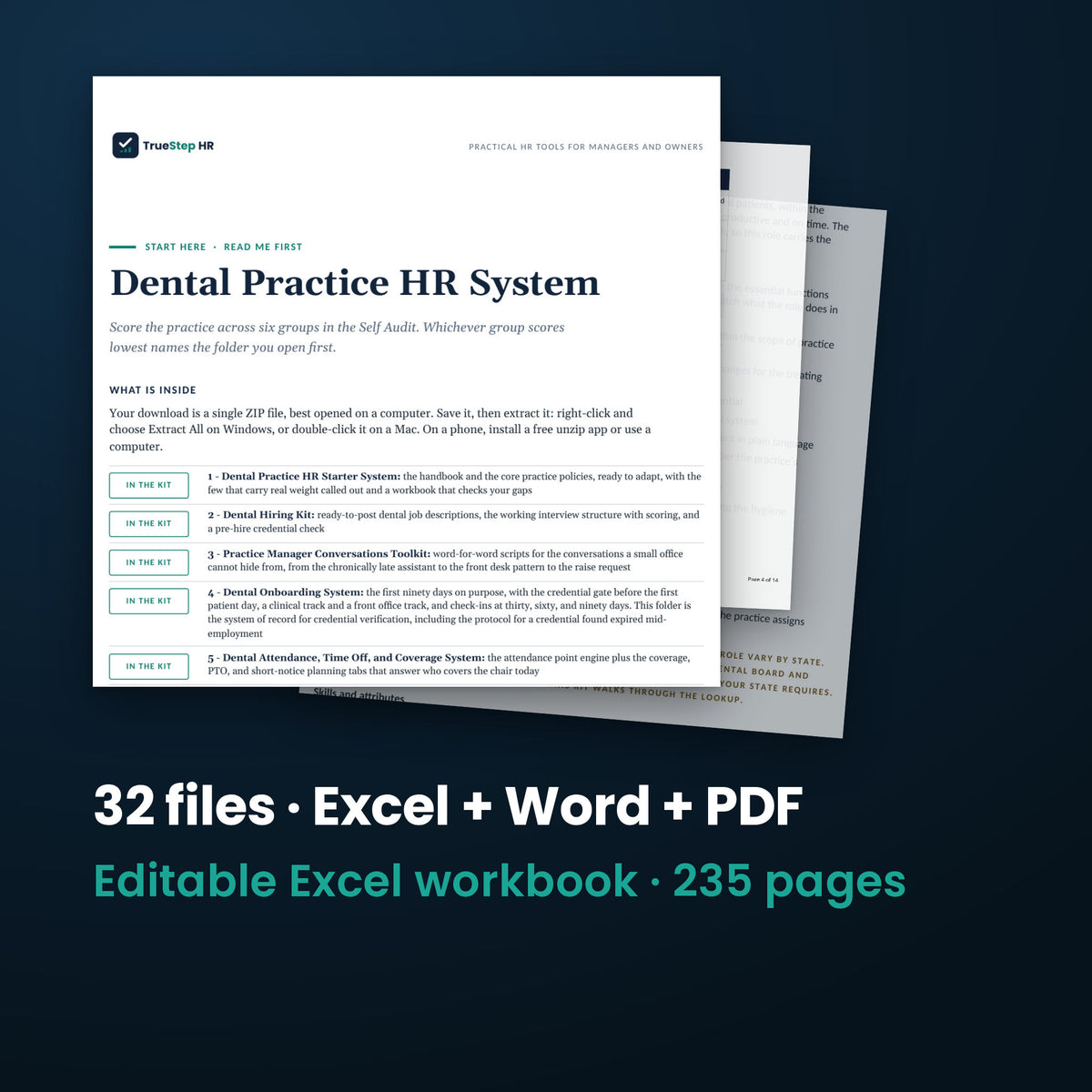 Dental Practice HR System — the 32 files in this download shown as a stack of real pages: Excel + Word + PDF, 235 pages in all.