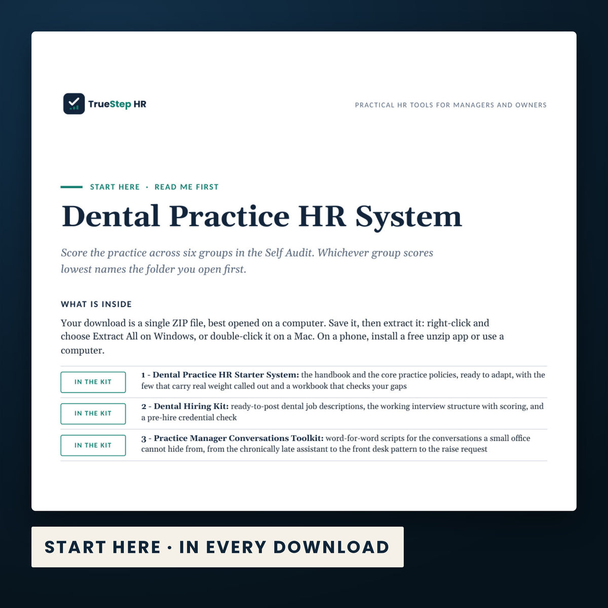 Dental Practice HR System — the Start Here guide from the download, listing every file and the order to use them.