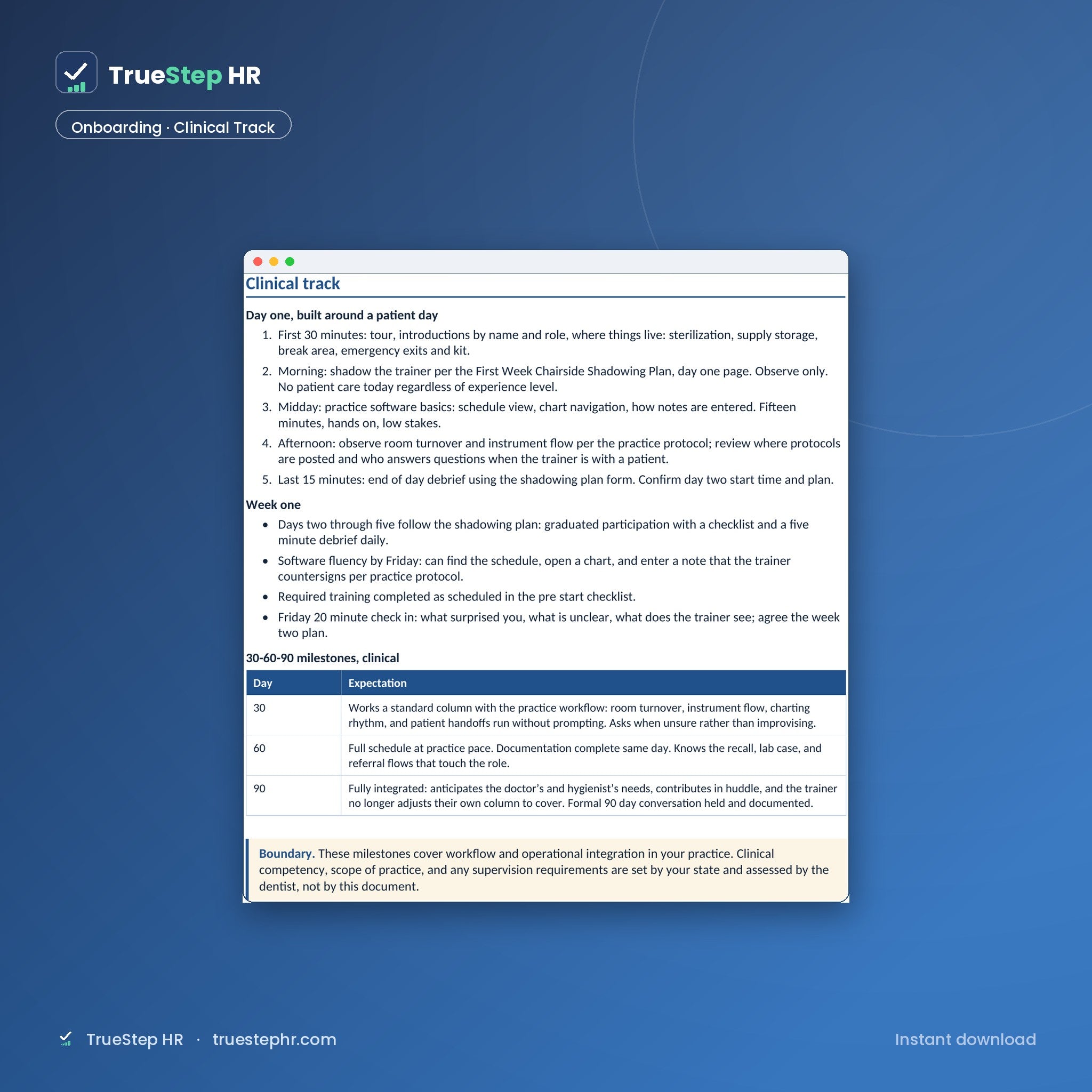 Dental onboarding clinical track