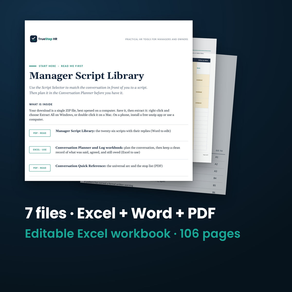 Manager Script Library — the 7 files in this download shown as a stack of real pages: Excel + Word + PDF, 106 pages in all.