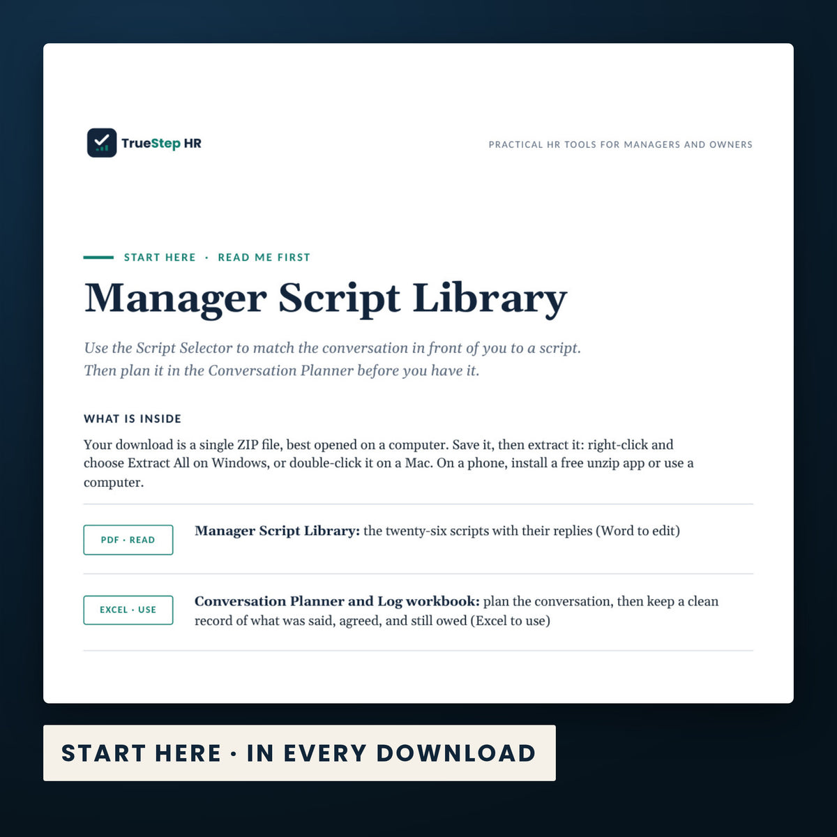 Manager Script Library — the Start Here guide from the download, listing every file and the order to use them.