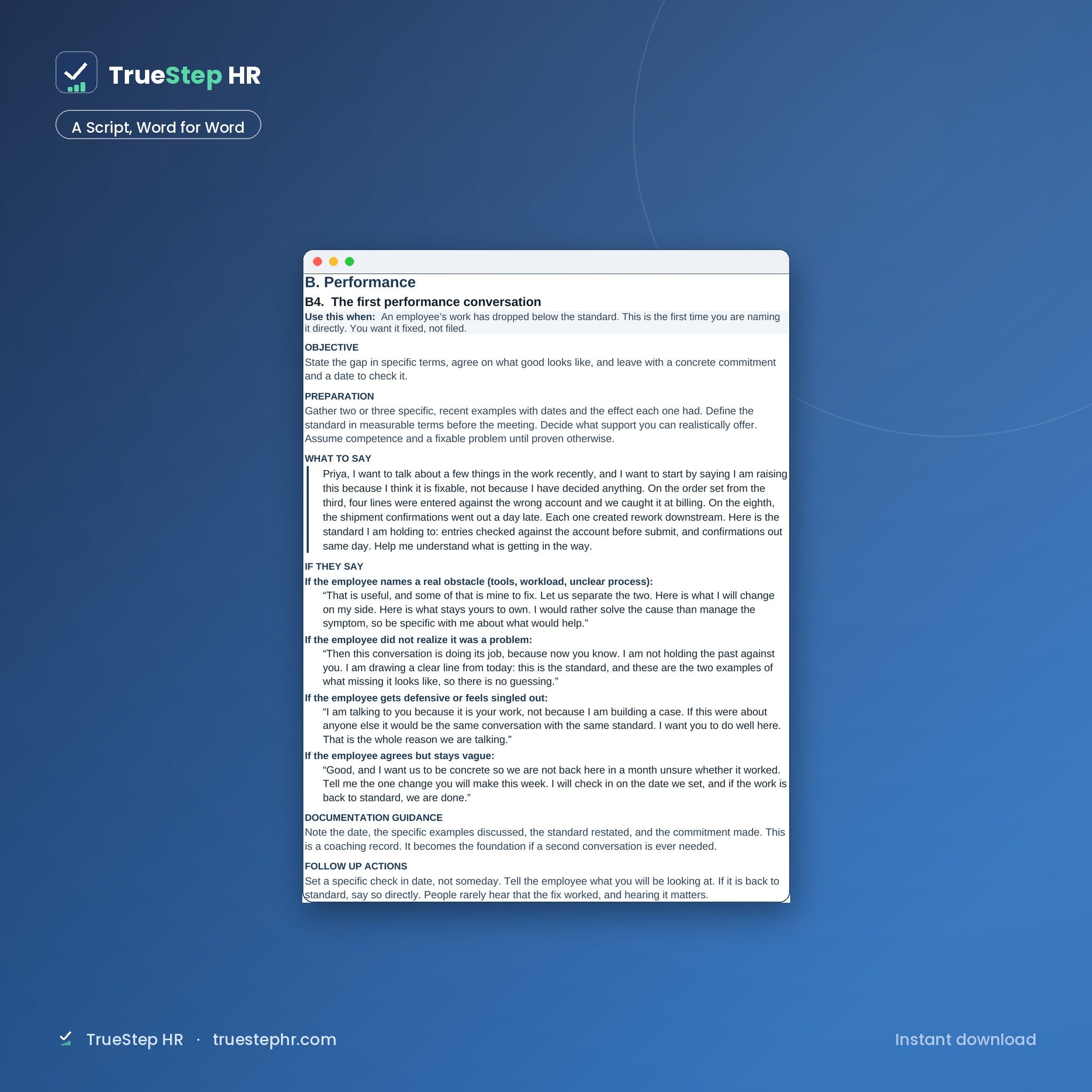A word-for-word manager script for the first performance conversation