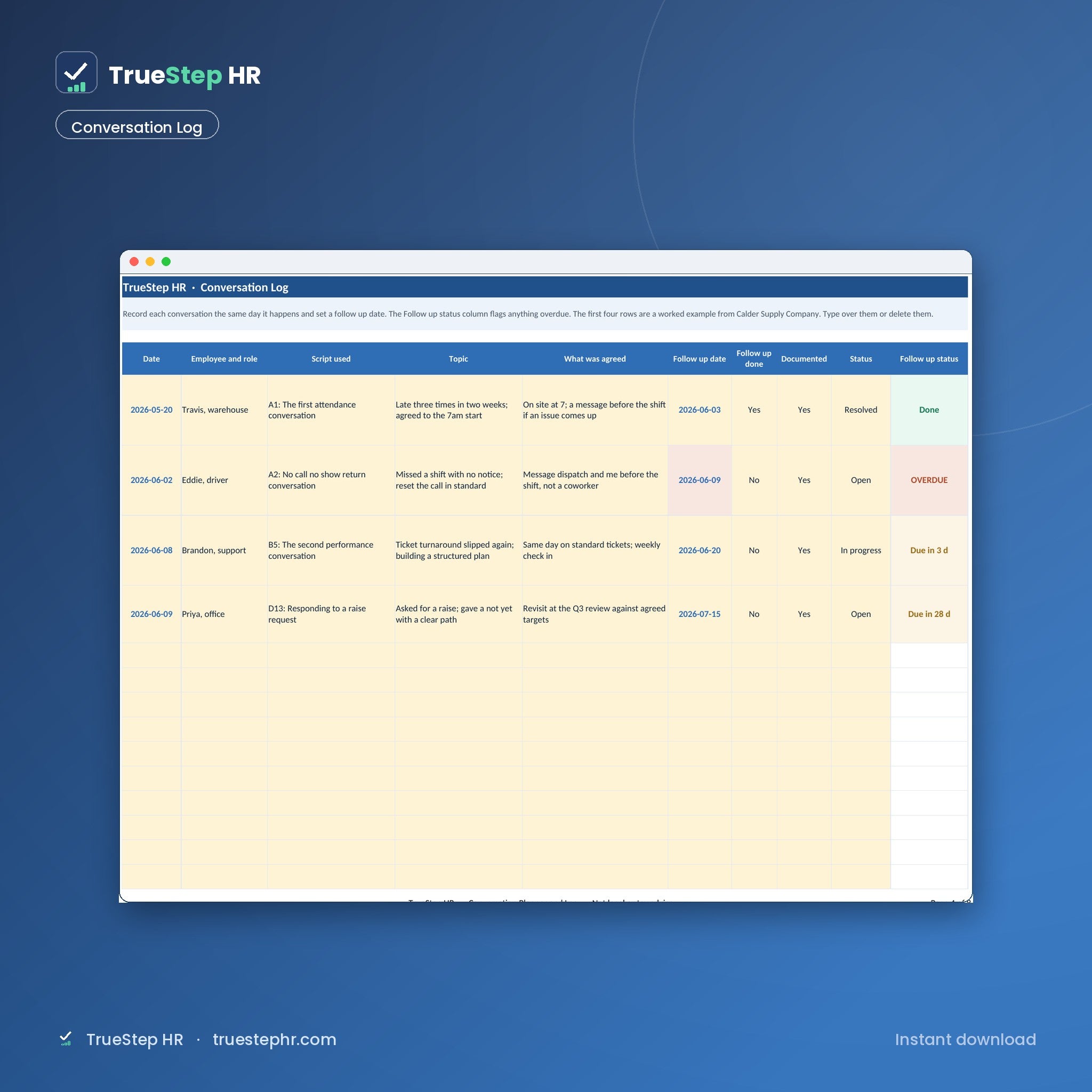 Conversation log that tracks talks and flags follow-ups