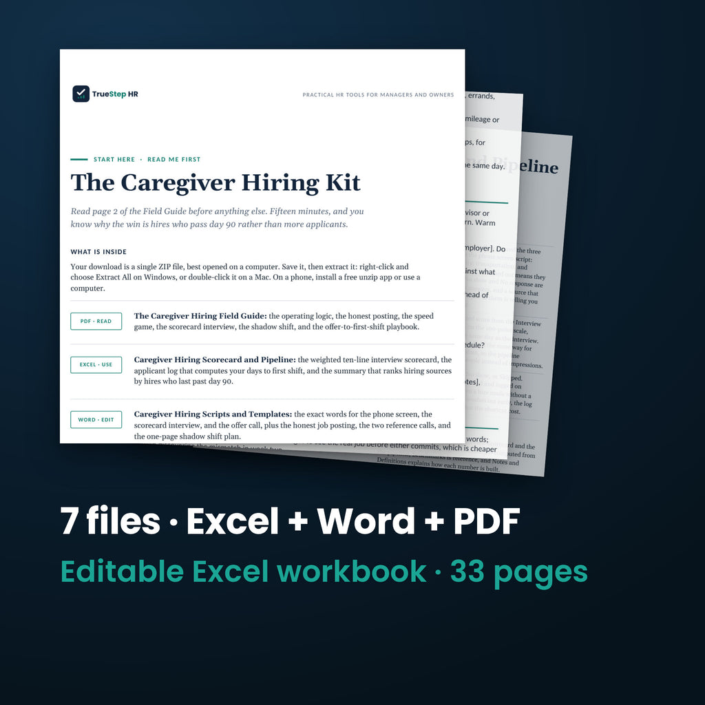 Caregiver Hiring Kit — the 7 files in this download shown as a stack of real pages: Excel + Word + PDF, 33 pages in all.