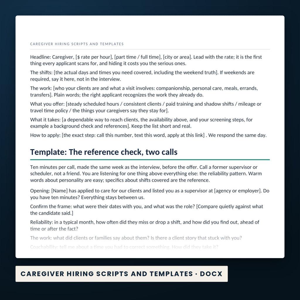 Caregiver Hiring Kit — a page from Caregiver Hiring Scripts and Templates, one of the files in this download.