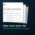 Conflict at Work Playbook — the 8 files in this download shown as a stack of real pages: Excel + Word + PDF, 37 pages in all.