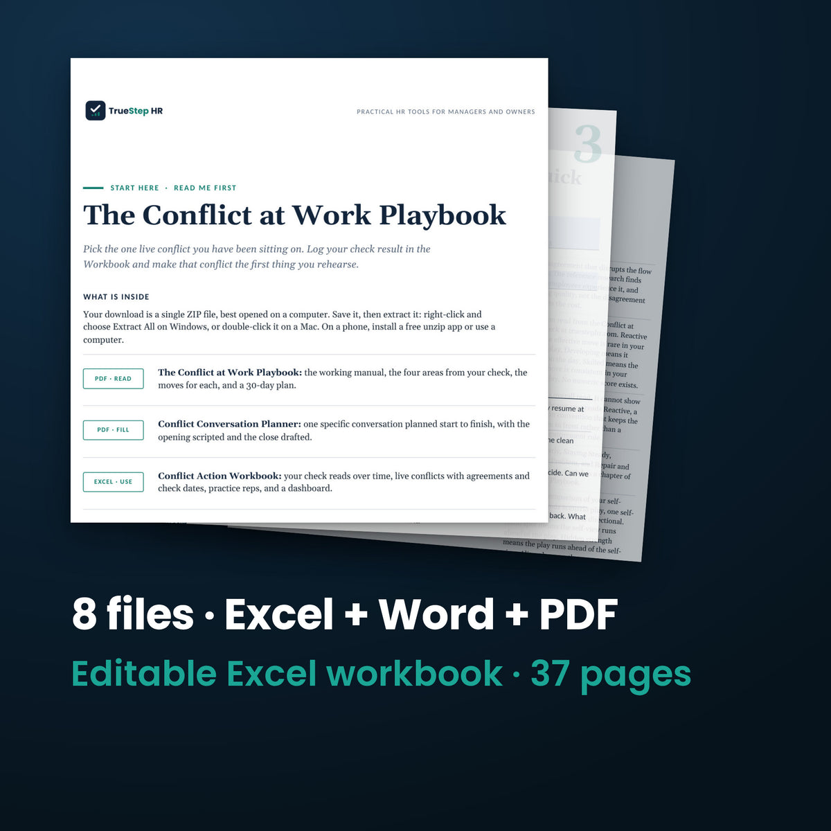 Conflict at Work Playbook — the 8 files in this download shown as a stack of real pages: Excel + Word + PDF, 37 pages in all.