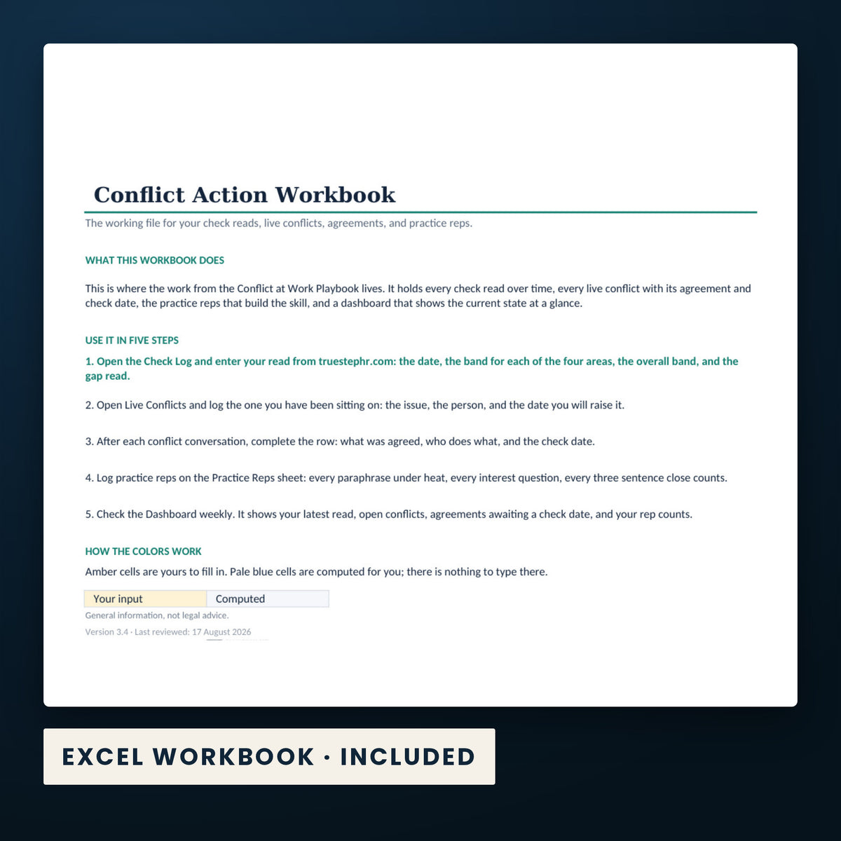 Conflict at Work Playbook — a page from the Excel workbook included in the download.