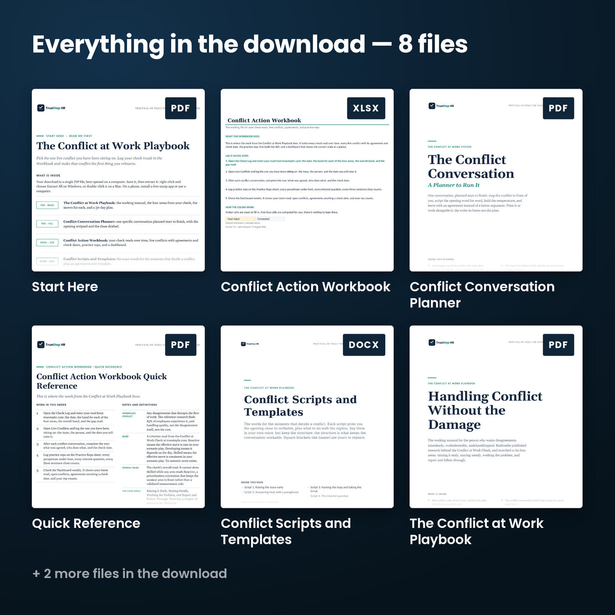 Conflict at Work Playbook — every file in the download side by side: Start Here, Conflict Conversation Planner, Quick Reference, and more.