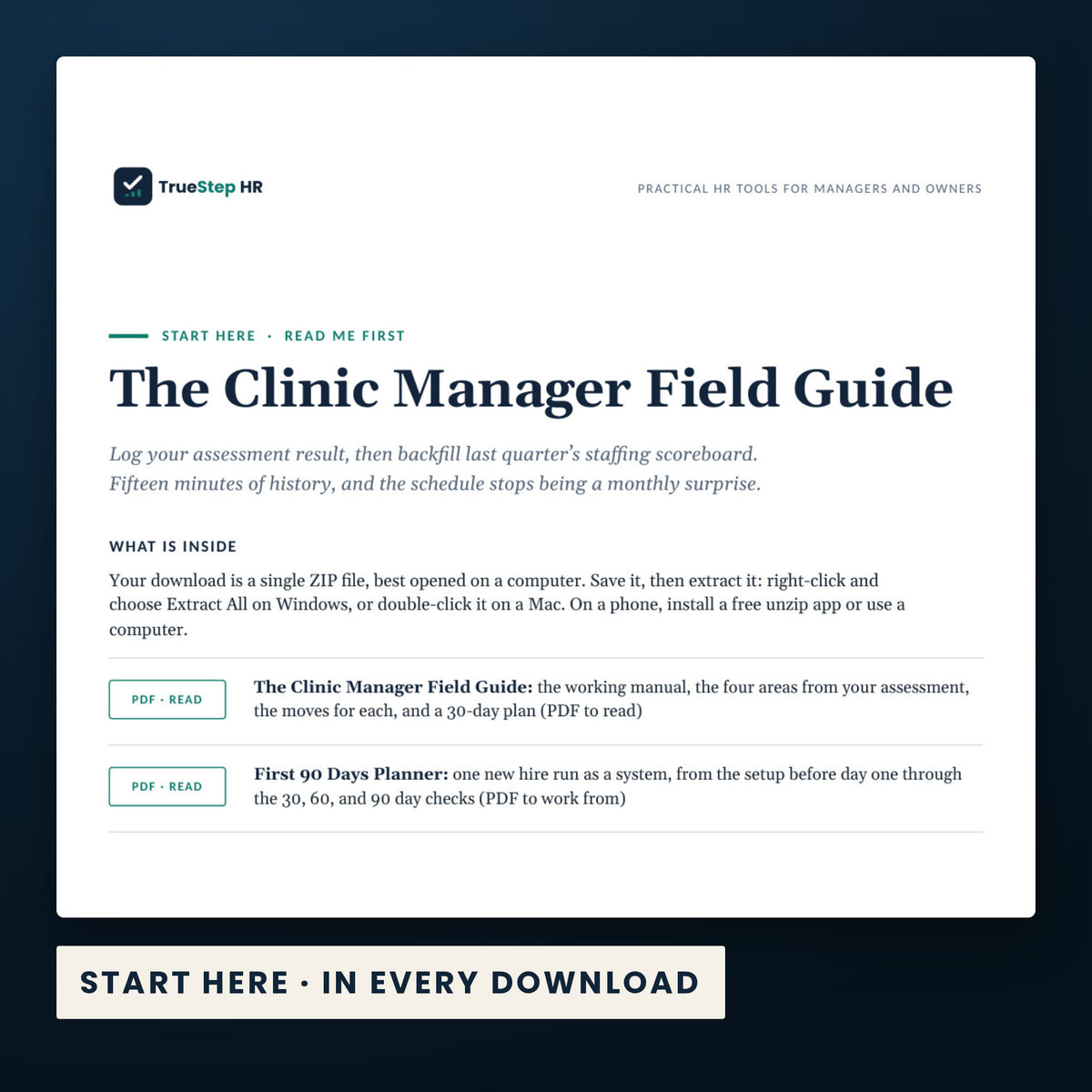 Clinic Manager Field Guide — the Start Here guide from the download, listing every file and the order to use them.