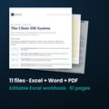Clinic HR System — the 11 files in this download shown as a stack of real pages: Excel + Word + PDF, 61 pages in all.