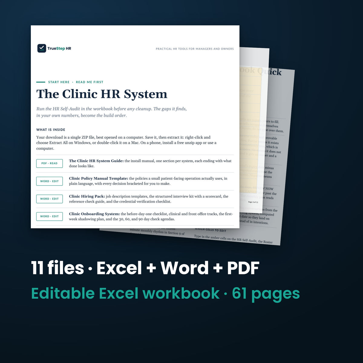 Clinic HR System — the 11 files in this download shown as a stack of real pages: Excel + Word + PDF, 61 pages in all.