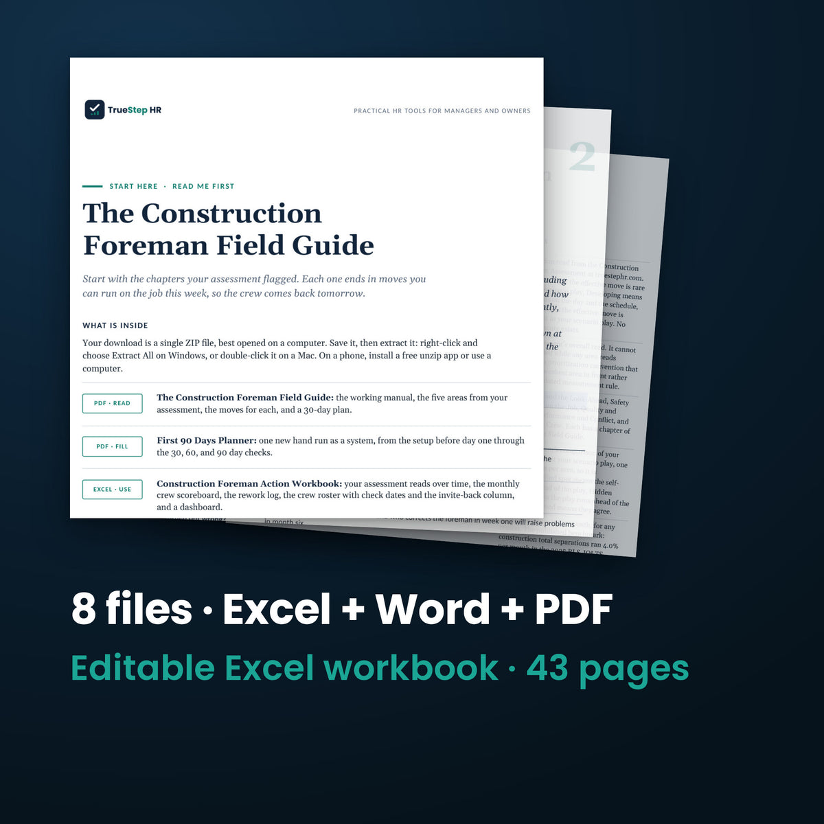 Construction Foreman Field Guide — the 8 files in this download shown as a stack of real pages: Excel + Word + PDF, 43 pages in all.