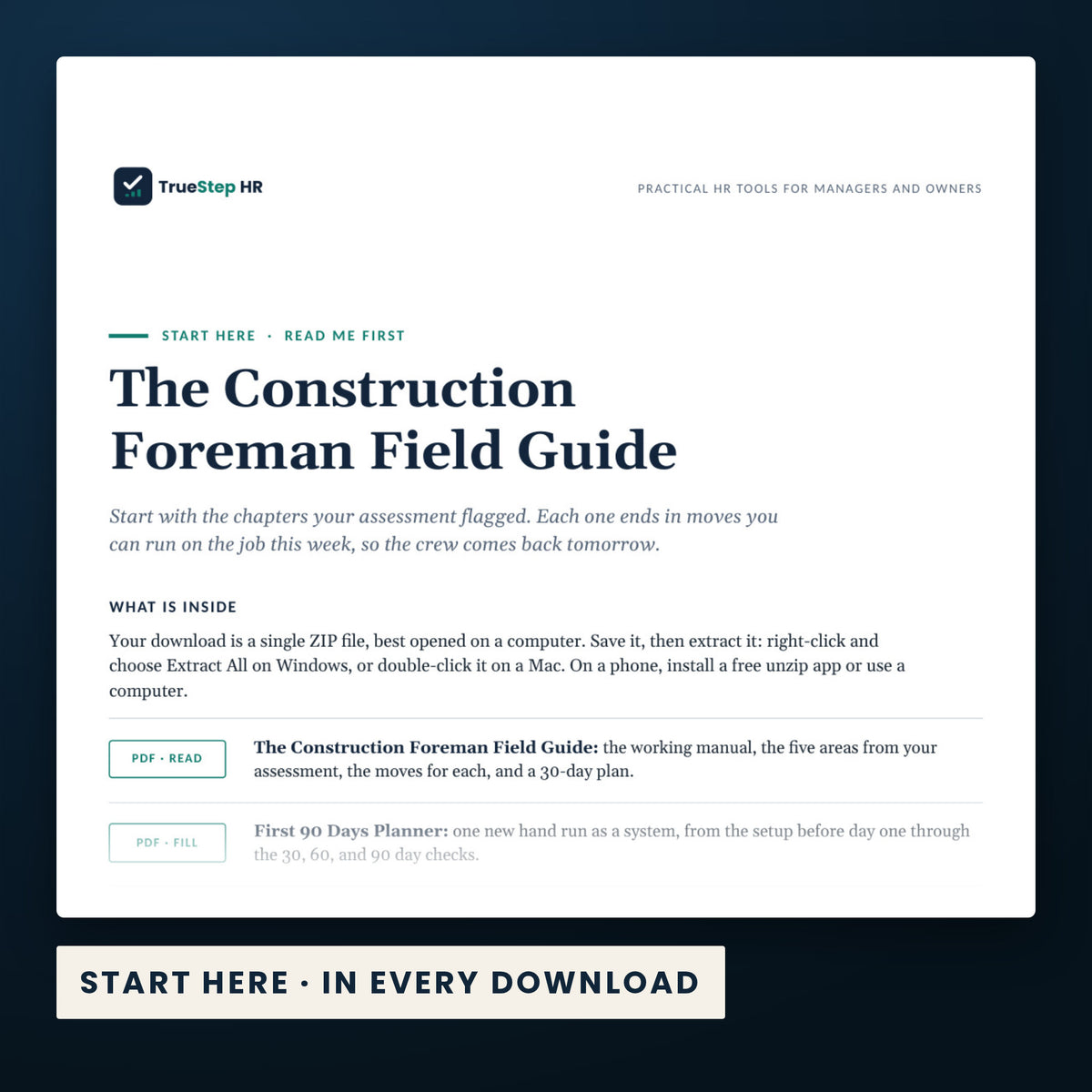 Construction Foreman Field Guide — the Start Here guide from the download, listing every file and the order to use them.