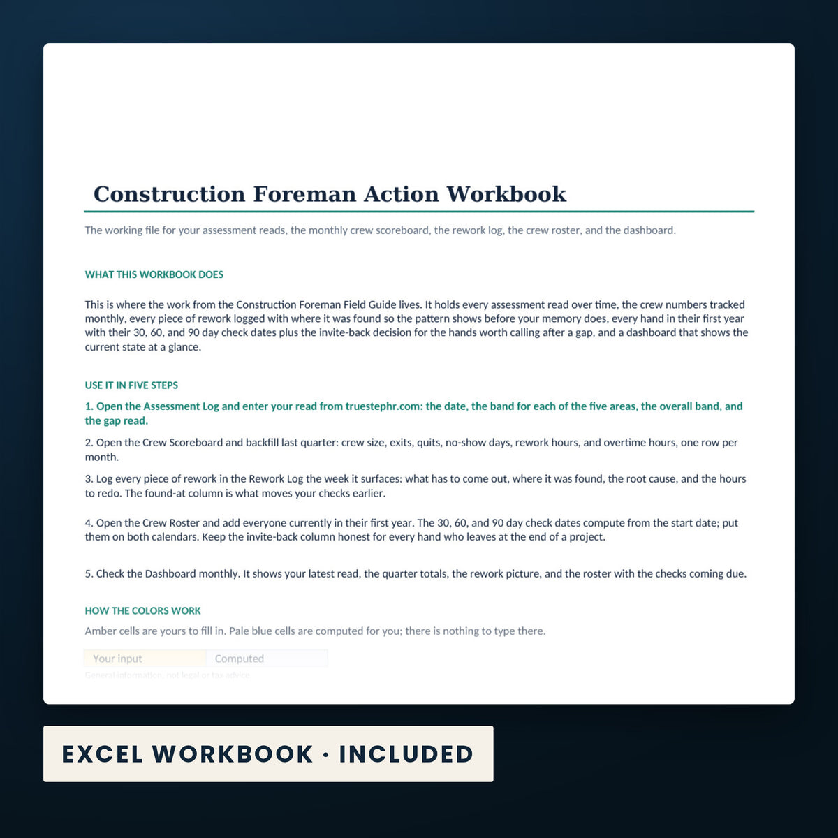 Construction Foreman Field Guide — a page from the Excel workbook included in the download.
