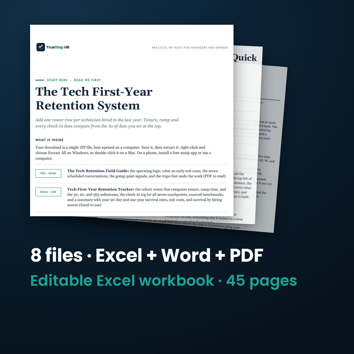 Tech First-Year Retention System — the 8 files in this download shown as a stack of real pages: Excel + Word + PDF, 45 pages in all.