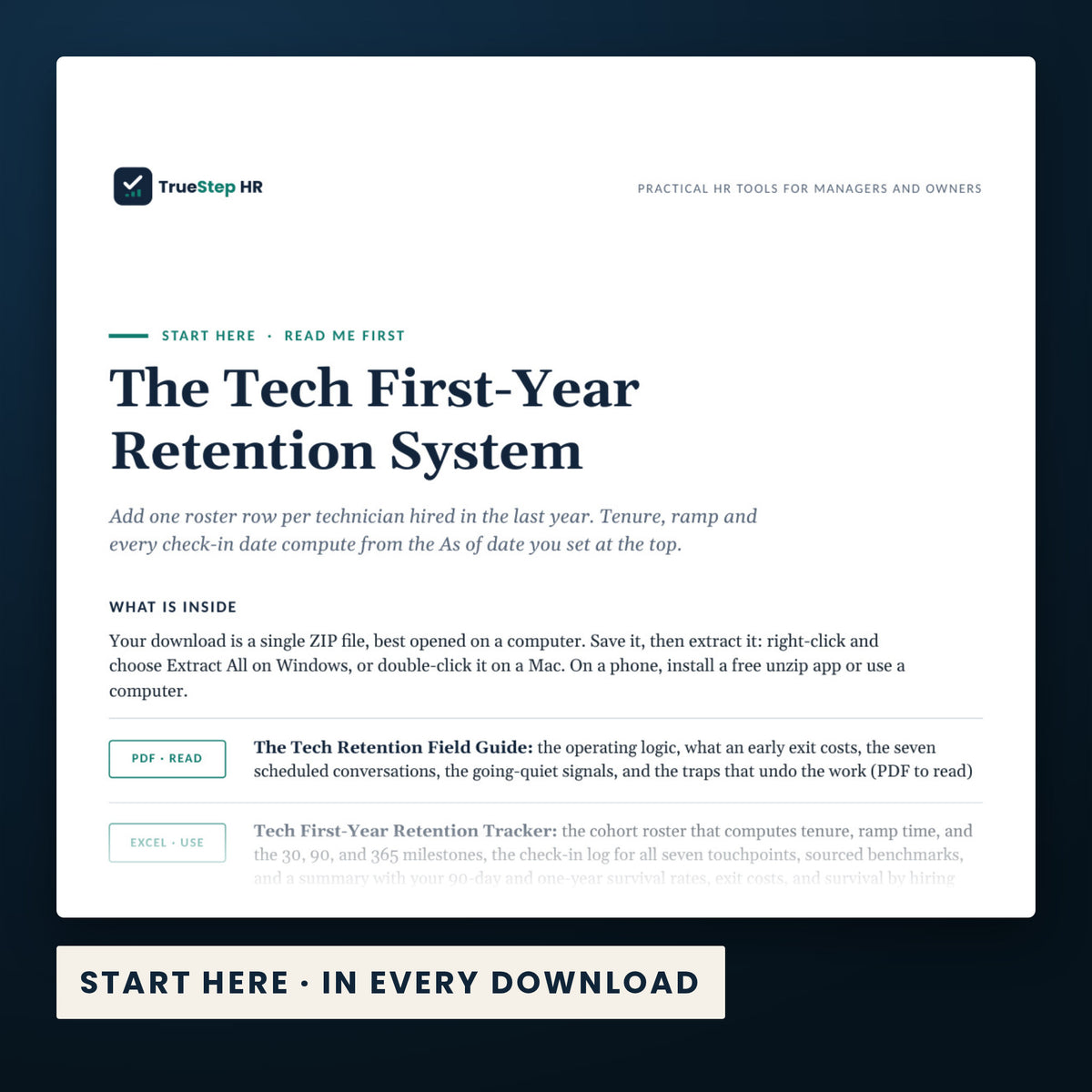 Tech First-Year Retention System — the Start Here guide from the download, listing every file and the order to use them.