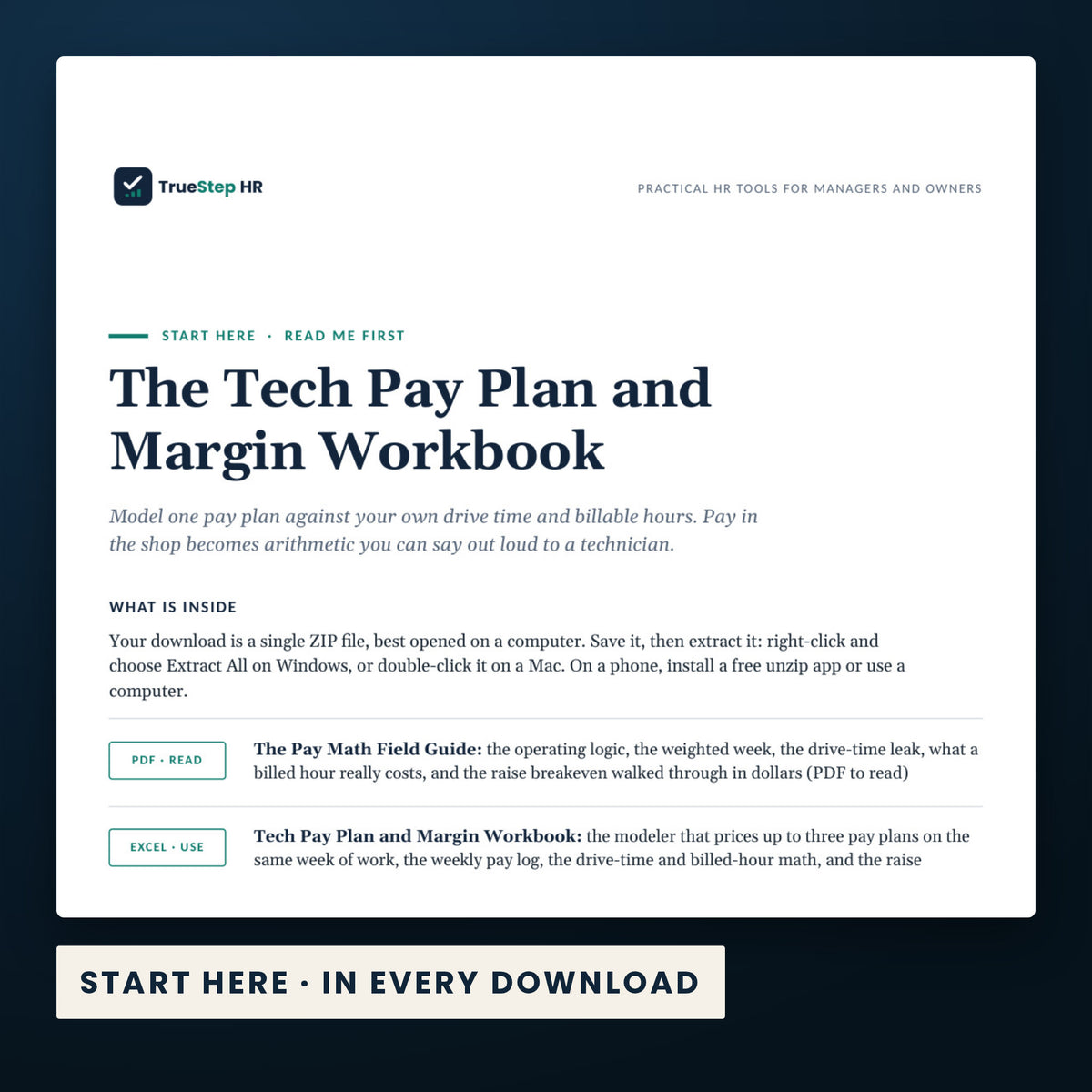Tech Pay Plan and Margin Workbook — the Start Here guide from the download, listing every file and the order to use them.