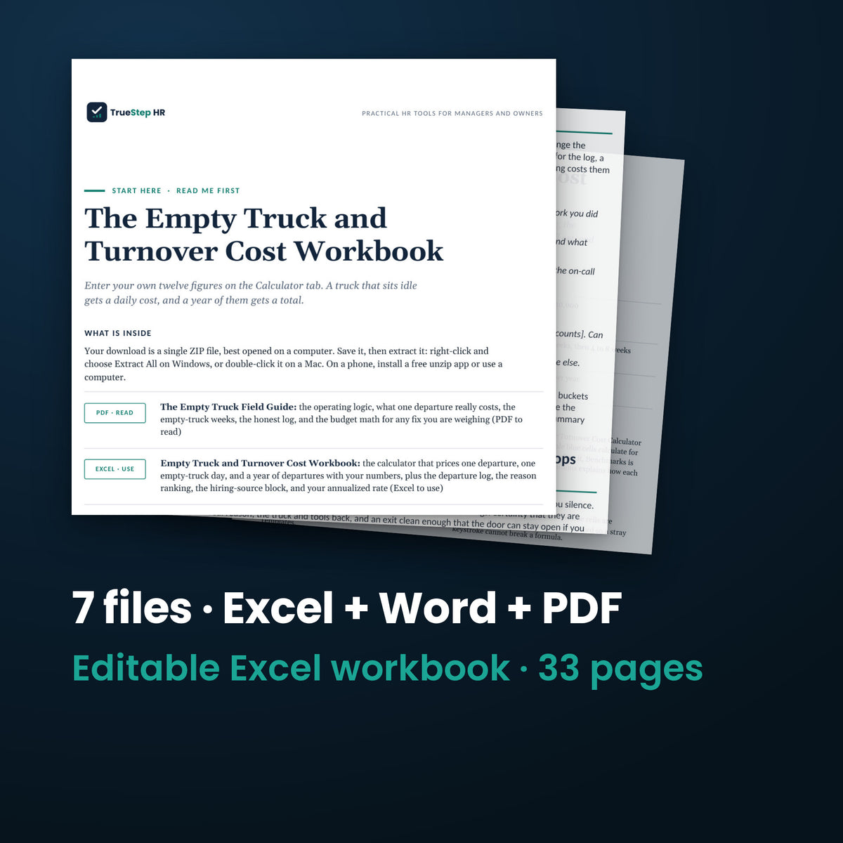 Empty Truck and Turnover Cost Workbook — the 7 files in this download shown as a stack of real pages: Excel + Word + PDF, 33 pages in all.