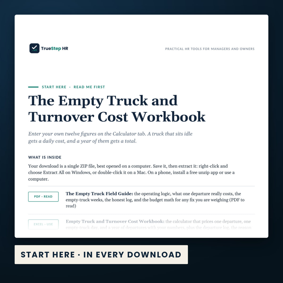 Empty Truck and Turnover Cost Workbook — the Start Here guide from the download, listing every file and the order to use them.