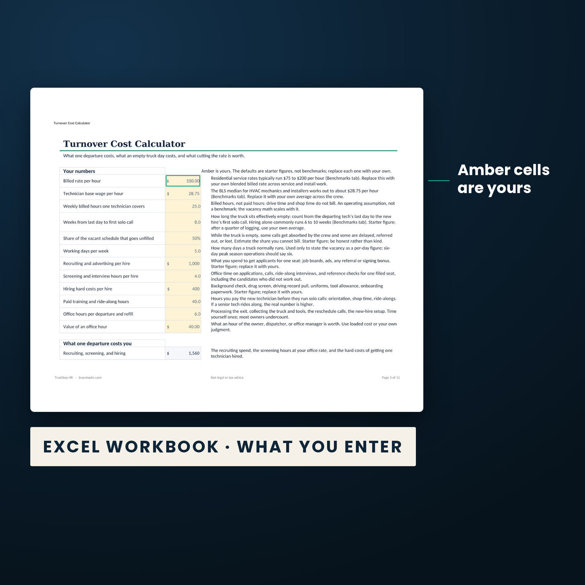 Empty Truck and Turnover Cost Workbook — the Excel workbook with the amber cells you fill in marked; the white cells calculate.