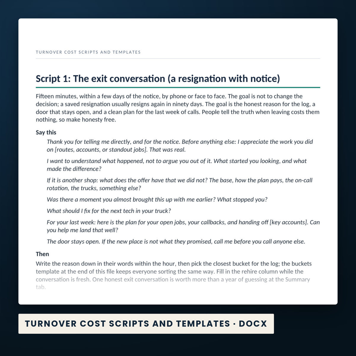 Empty Truck and Turnover Cost Workbook — a page from Turnover Cost Scripts and Templates, one of the files in this download.