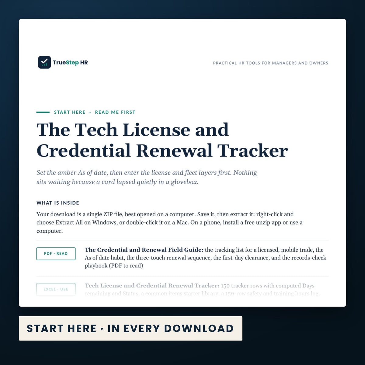 Tech License and Credential Renewal Tracker — the Start Here guide from the download, listing every file and the order to use them.