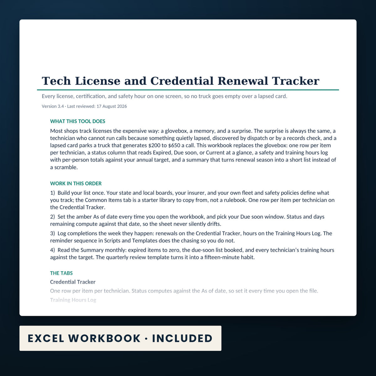 Tech License and Credential Renewal Tracker — a page from the Excel workbook included in the download.