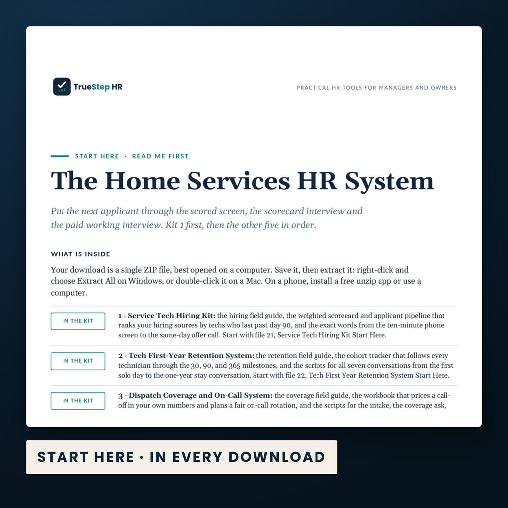 Home Services HR System — the Start Here guide from the download, listing every file and the order to use them.