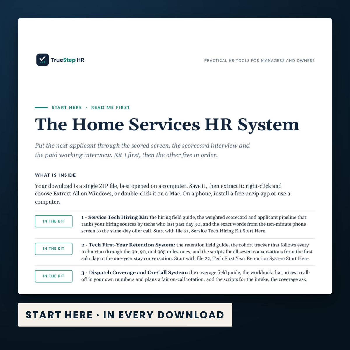 Home Services HR System — the Start Here guide from the download, listing every file and the order to use them.