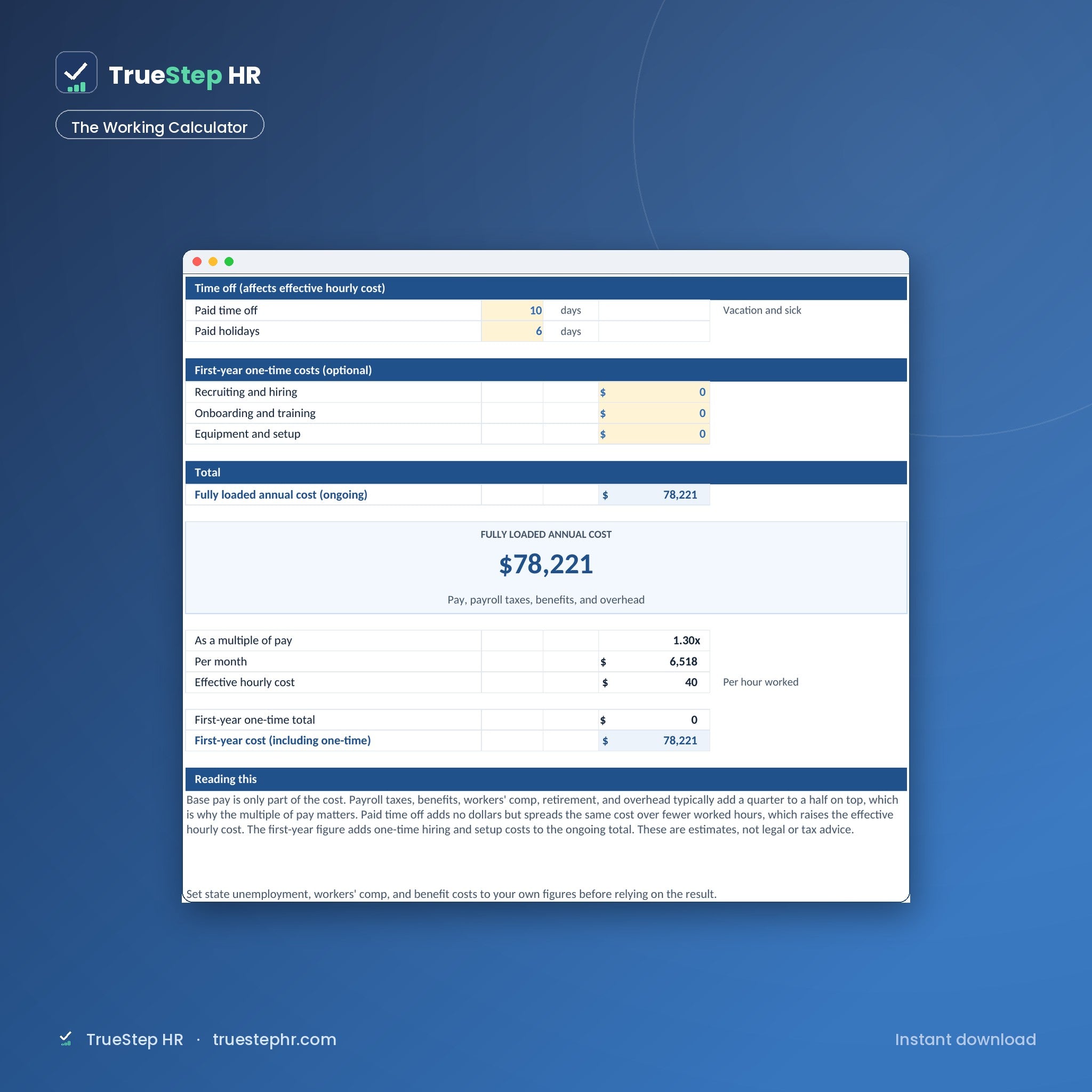 Employee Cost Calculator, the working calculator with inputs and result