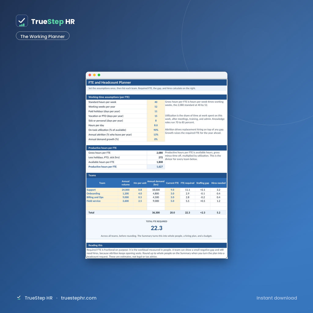 FTE Headcount Planner, the working planner with role table