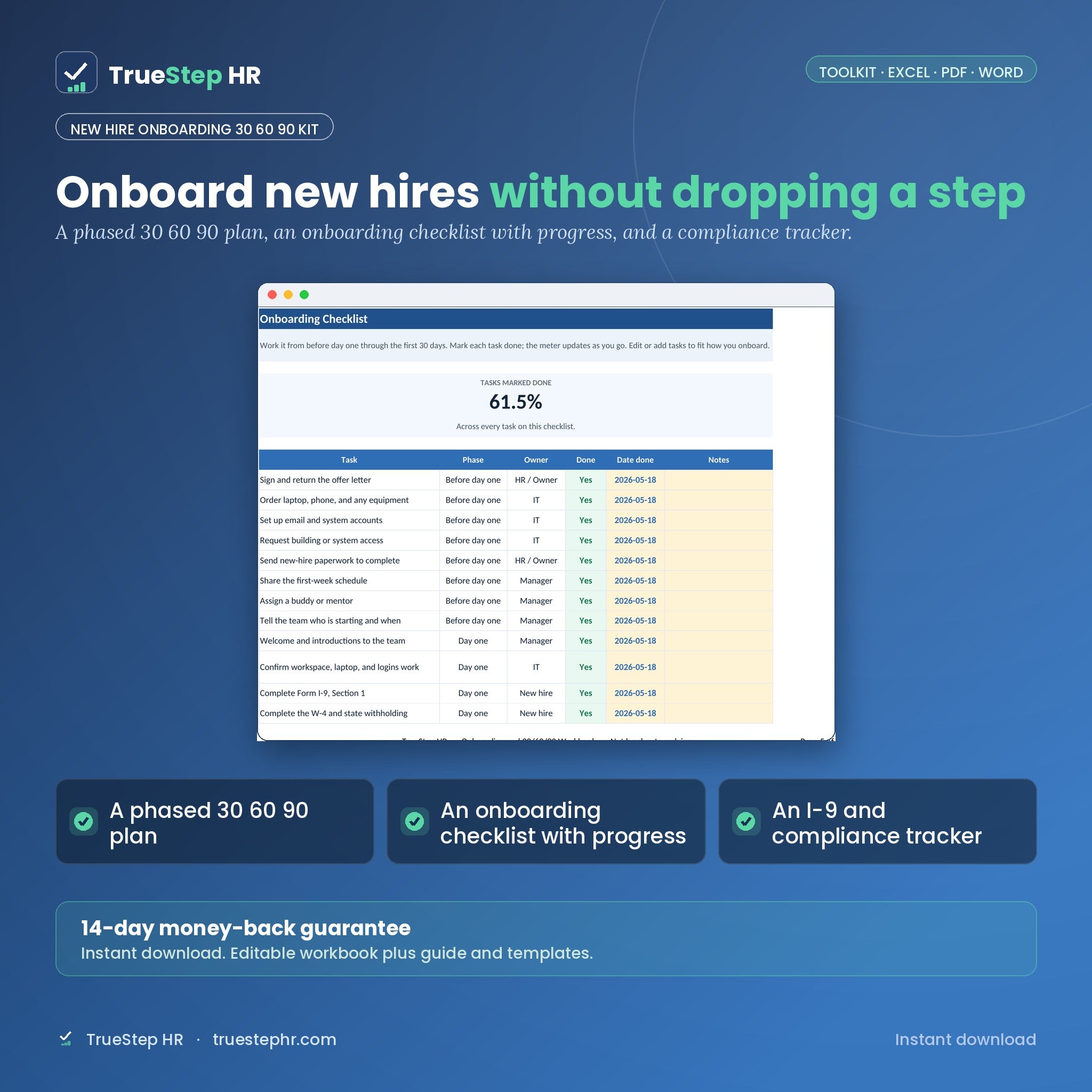 New Hire Onboarding 30 60 90 Kit, onboarding checklist with progress