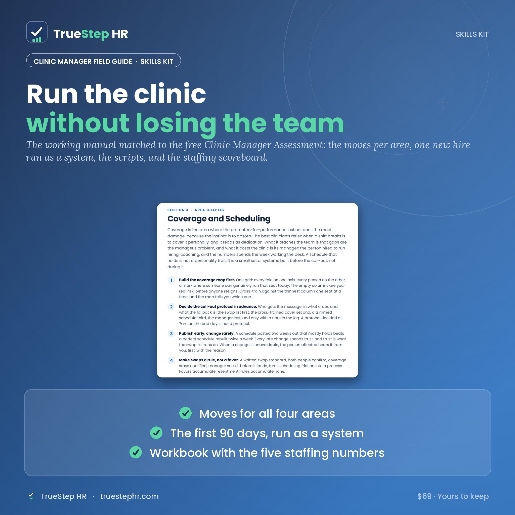 Clinic Manager Field Guide: the kit hero showing the Coverage and Scheduling chapter